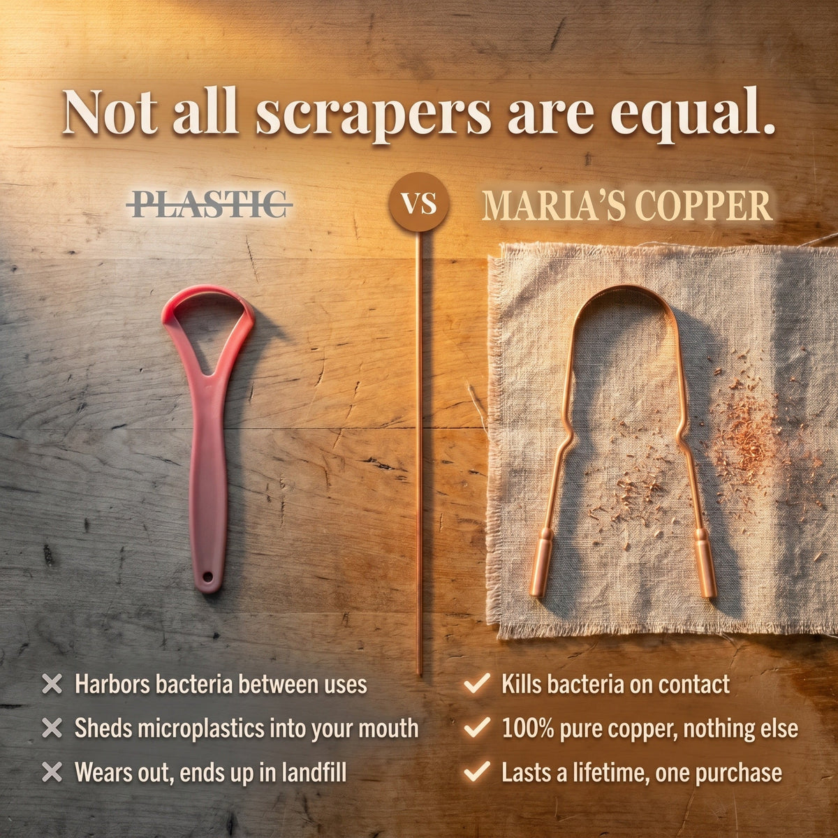 Maria's copper tongue scraper compared to plastic