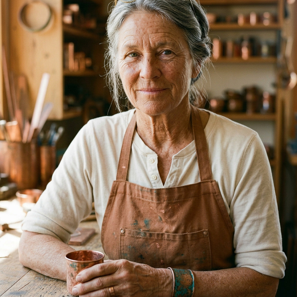 Maria in her copper workshop holding a hand-hammered copper cup